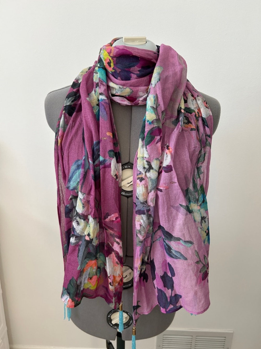 Soft Surroundings Pink Floral Lightweight Scarf with Tassels